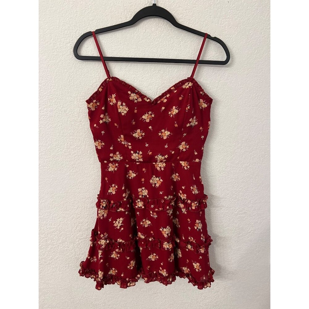 Blue Rain Floral Red Sundress With Ruffles & Spaghetti Straps size small